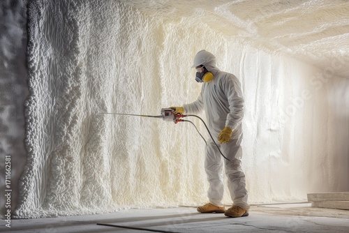 Professional worker applying spray foam insulation in a residential building to enhance energy efficiency and prevent air leaks during a bright day