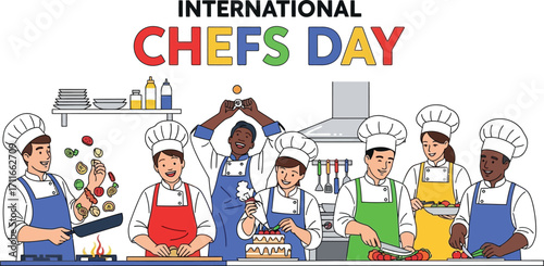 International chefs day celebration with diverse culinary experts in kitchen
