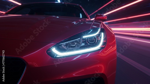 Closeup of red sports car speeding on a neon-lit road at night