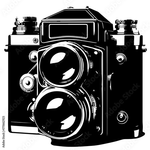 A detailed black and white illustration of a vintage twin lens reflex camera with intricate details shown