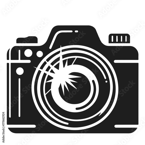 Illustration of a black camera with a bright lens flare capturing a moment in time with precision