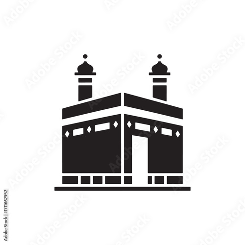 Detailed Silhouette of the Holy Kaaba in Mecca Symbolizing Islamic Faith and Pilgrimage Featuring Geometric Patterns and Tower Structures Against White Background Enhancing Visual Clarity