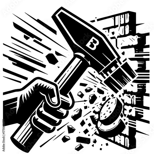 Illustration of a hand holding a hammer breaking a wall with debris flying in a black and white design