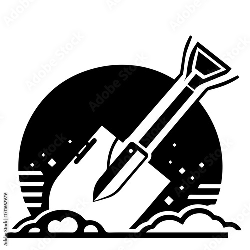 Illustration of a shovel digging into the ground with a dark circular background design element behind it