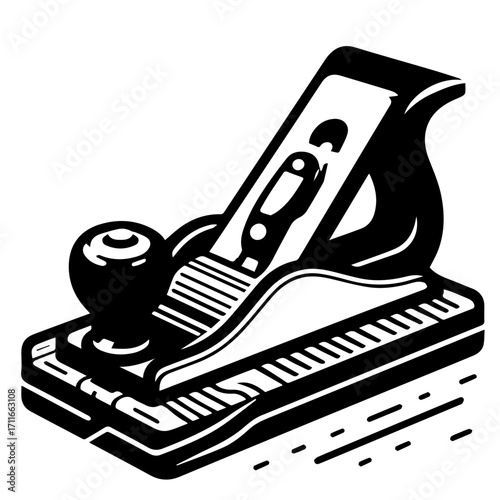 Illustration of a hand plane tool with a knob and blade for woodworking and carpentry projects shown in black