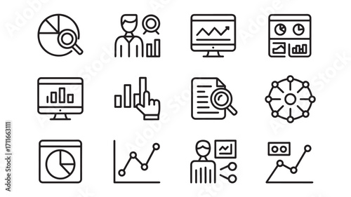 Line icons for business analytics data analysis and marketing reports representing efficiency strategy and growth