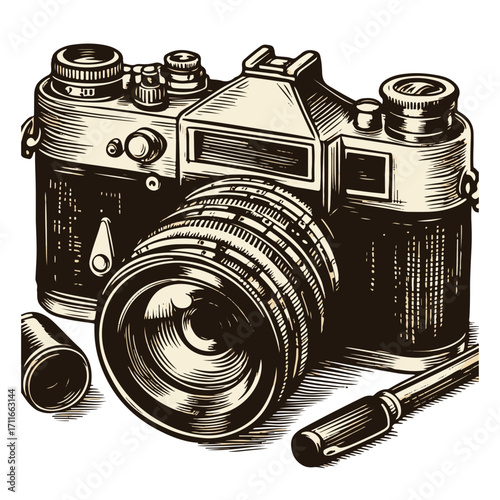 Detailed sketch of a vintage camera with lens, cap, and pen in monochrome illustration style art
