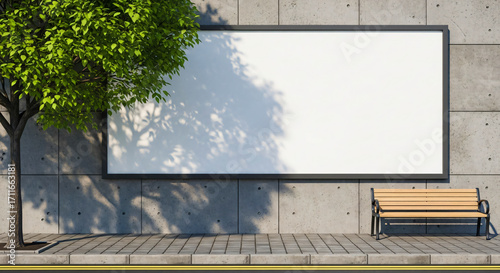 Wallpaper Mural Urban Billboard Mockup: Concrete Wall, Bench & Tree Torontodigital.ca