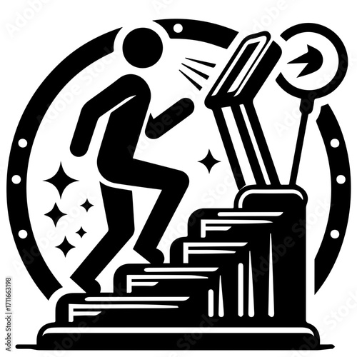 Silhouette of a person using a stair stepper machine inside a decorative circle with sparkles around it