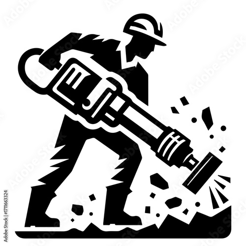 A construction worker operating a jackhammer with protective gear in a black and white illustration