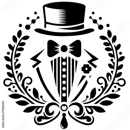 Elegant gentleman emblem featuring a top hat bow tie and tuxedo jacket within a decorative laurel wreath