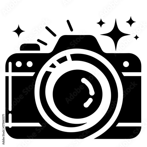 Illustration of a black and white camera with a large lens and sparkling light effects around it design