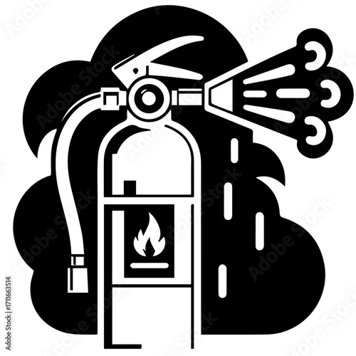 Illustration of a black and white fire extinguisher with a flame inside and a cloud in the background