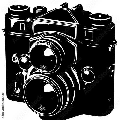 Illustration of a vintage twin lens reflex camera with detailed black and white rendering style art