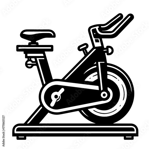 Illustration of a stationary exercise bike with seat handlebars frame and pedals in black and white style