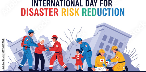 International day for disaster risk reduction with rescue team helping people