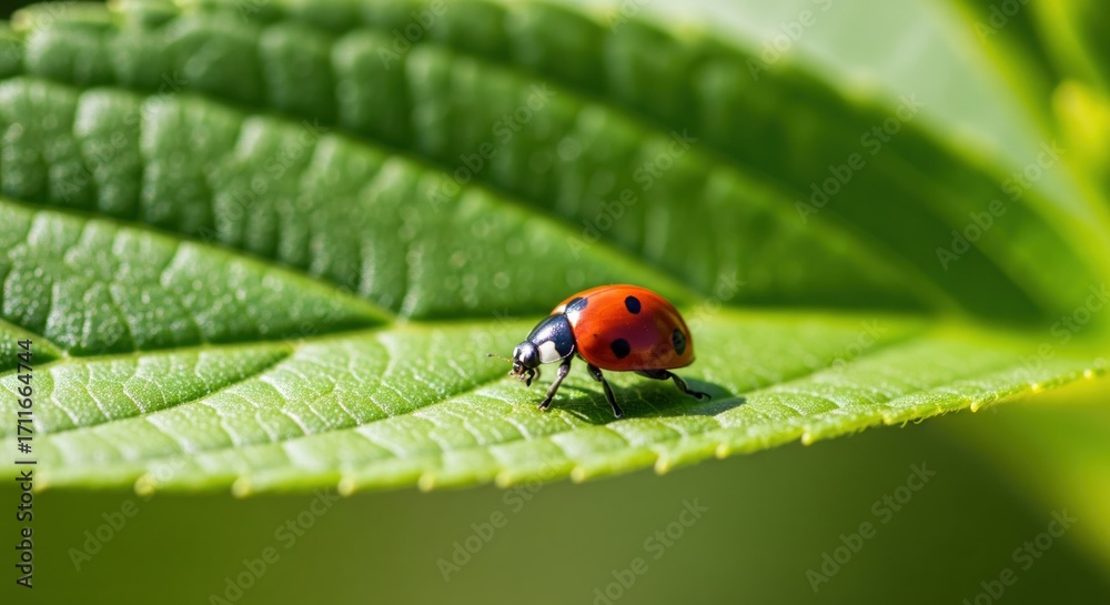 Obraz premium Ladybug on vibrant green leaf. Close-up of a small, red and black ladybug meticulously traversing a healthy, lush green leaf