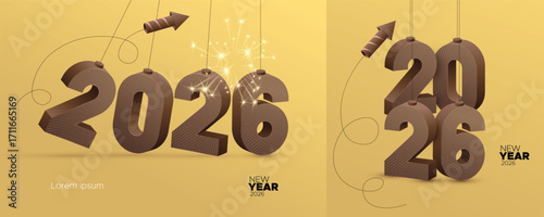 Elegant 3D numbers 2026 with dotted texture hanging on golden background, decorated with fireworks and festive elements, perfect for New Year greeting and celebration design.