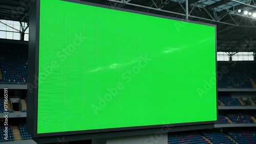 Empty stadium green screen display. Large blank LED scoreboard in sports arena for chroma key compositing and content insertion.