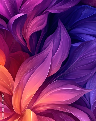 Vibrant abstract floral pattern with flowing iridescent petals in gradients of purple pink orange and blue hues