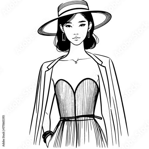 Fashionable woman wearing a wide brimmed hat and elegant dress with a jacket draped over her shoulders isolated on white background