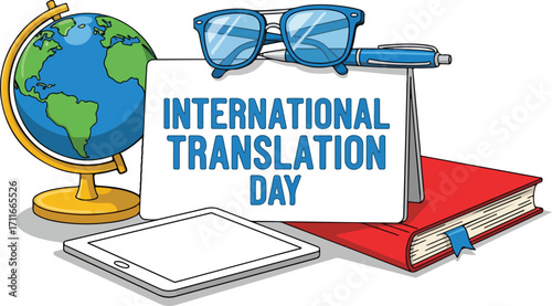 International translation day celebration with globe, book, tablet isolated on white background