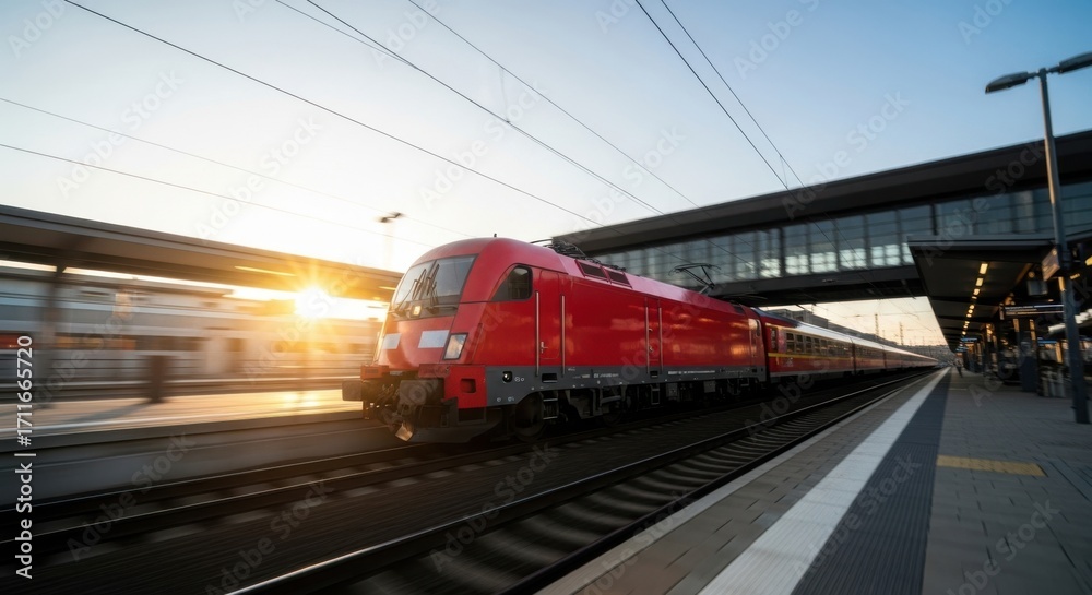 Naklejka premium A bright red train speeding through a station at sunset with the sun flaring