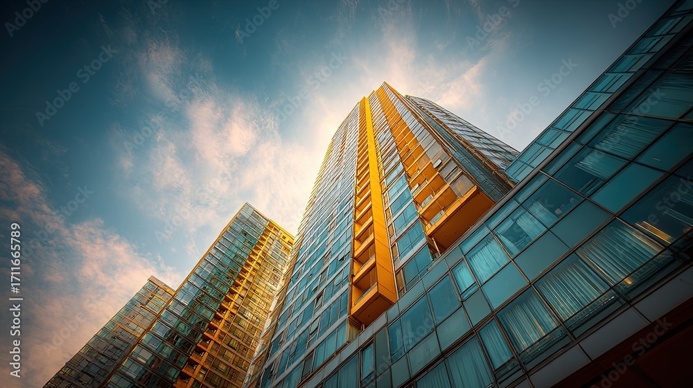 Fototapeta premium Modern glass skyscrapers with balconies against a dramatic cloudy sky during sunset