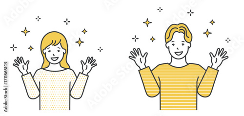 両手を上げて喜ぶ男女イラスト素材