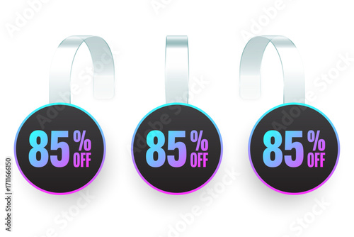 Supermarket promotional wobblers. Realistic white wobbler template for shelf advertising, 85 percent off discount. Sale label with ad text. Special offer price tag. Vector illustration