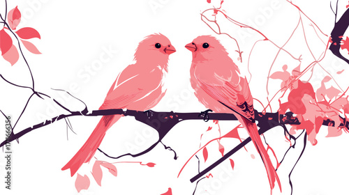 Two delicate pink cardinals perched closely together on a bare branch with soft pink blossoms and leaves