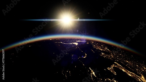 Obraz na plátně Golden rays of sunlight spill across the curvature of Earth, revealing cities glittering against the dark backdrop of space