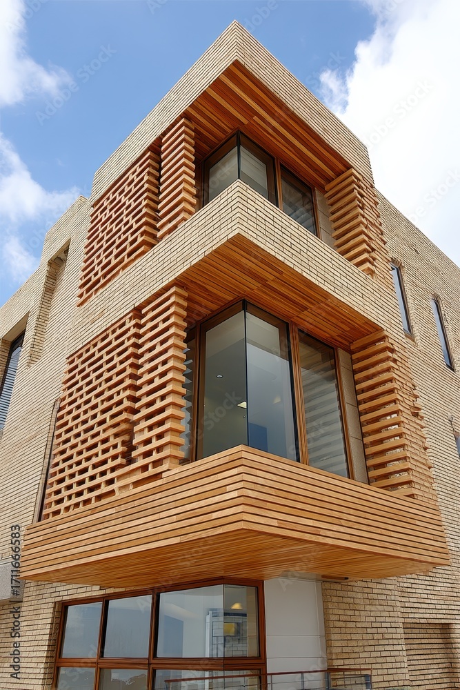 Obraz premium Geometric Brick Building Exterior with a Unique Layered Pattern Under a Clear Sky