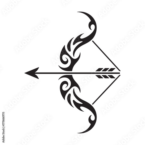 Tribal Inspired Bow and Arrow Design Dynamic Black Silhouette Depicts a Drawn Bow and Arrow Embodying Strength Precision and Focus Symbolic of Sagittarius Zodiac Sign