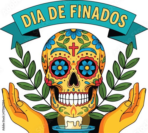 Dia de finados illustration with sugar skull, candle and hands on white background
