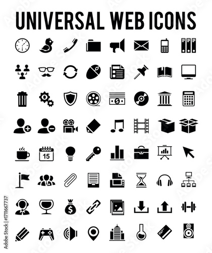 Collection of universal web icons featuring various symbols such as media, business, and communication tools