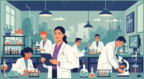 A team of diverse scientists work in a laboratory, conducting experiments and research.vector illustration
