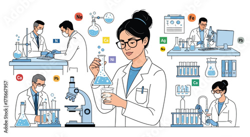 A team of diverse scientists work in a laboratory, conducting experiments and research.vector illustration