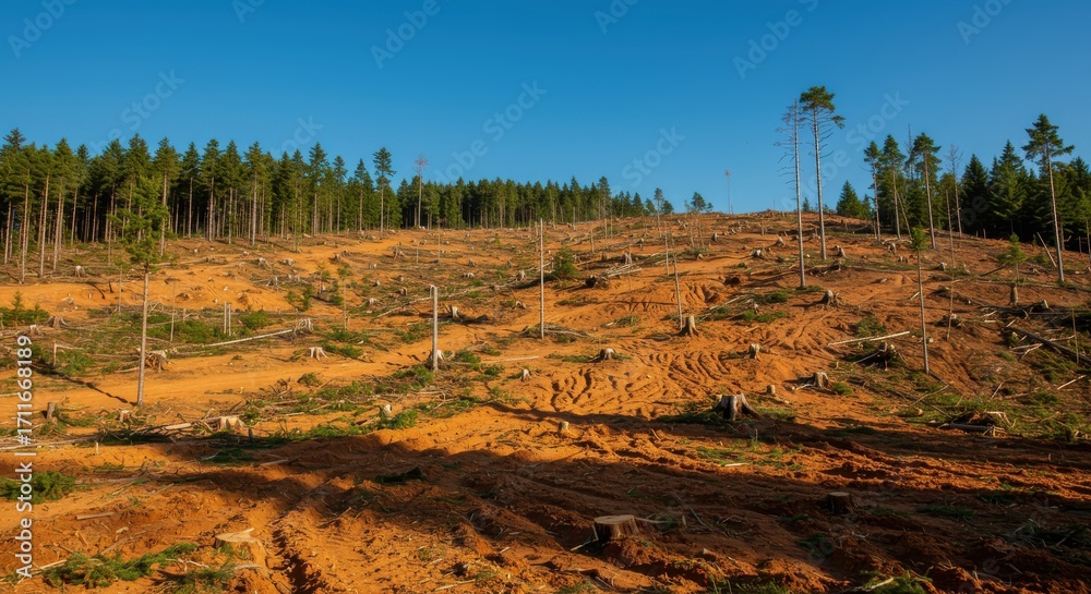 Naklejka premium A sun-drenched hillside, once dense with pine trees, now barren and eroded, showcasing the aftermath of deforestation.