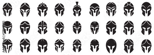 Illustrations of Spartan Helmets A Collection of Bold and Minimalist Designs Showcasing Strength Resilience and Ancient Warfare in Dark Monochrome Graphic Representations on White Backgrounds