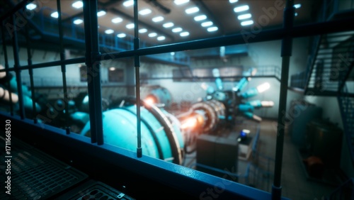 Foto Inside a high tech energy facility, a complex machine hums with activity