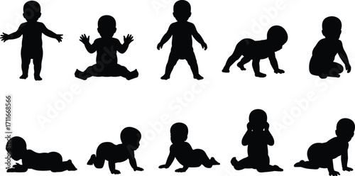 Baby silhouette collection, crawling baby, sitting baby, standing baby, infant poses, toddler clipart, child silhouette vector, isolated baby shapes, black baby design