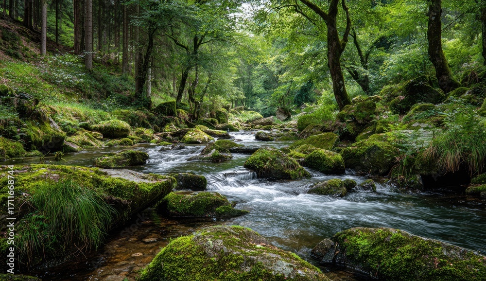 Fototapeta premium Lush forest stream, moss-covered rocks (1)