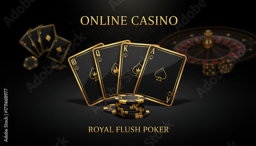 black casino gold playing cards with royal flush poker and casino chips online golden gambling and concept 3d rendering 50439636 1