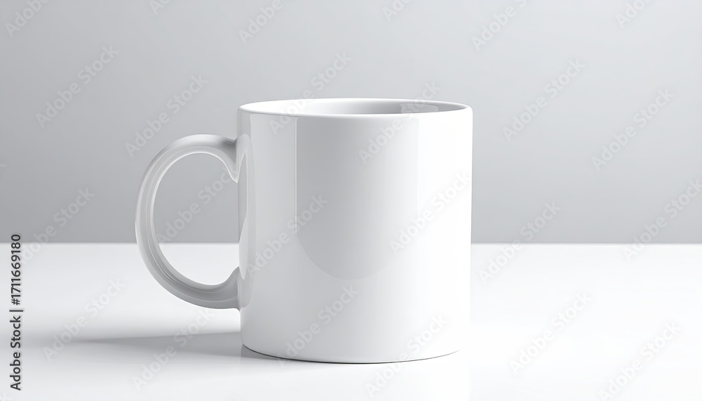 Obraz premium White Ceramic Mug Mockup on White Table with Gray Background Minimalist Still Life Photography Studio Lighting for Product Presentation Template 150 Characters