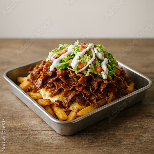 a Dutch dish called patatje kapsalon — crispy fries layered with döner kebab meat, melted cheese, fresh salad, and garlic sauce — served in a modern square metal tray on a rustic wooden table.
