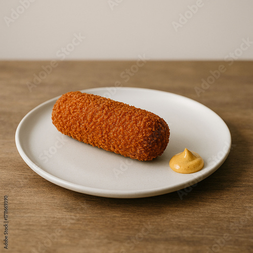 a dutch kroket on a with plate with a drop of mustard