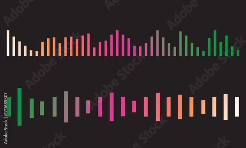 podcast sound wave patterns with varying amplitude bars . Vibrant multicolored sound equalizer bars displayed on a dark background, symbolizing music, rhythm, audio levels, and digital sound waves.
