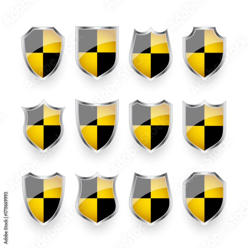 Glossy shields with yellow and black pattern. Security and protection concept. Cyber safety icons, internet privacy, web defense, digital data protection and antivirus themes. Vector illustration