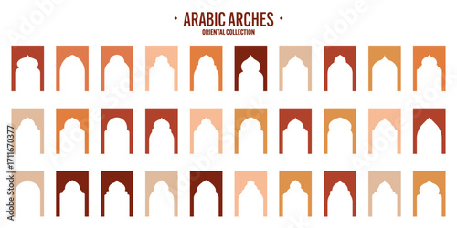Islamic frames, oriental style objects. Arabic shapes, windows and arches. Traditional ornamental banner, frame. Muslim holidays, Ramadan Kareem. Modern eastern architecture. Vector illustration